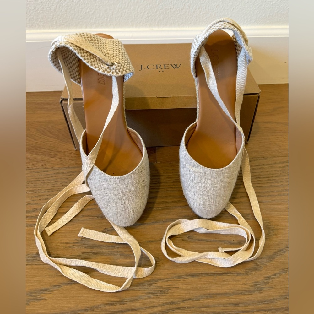J.Crew Factory size 10 Canvas ankle-wrap Espadrille Wedges in Metallic Gold